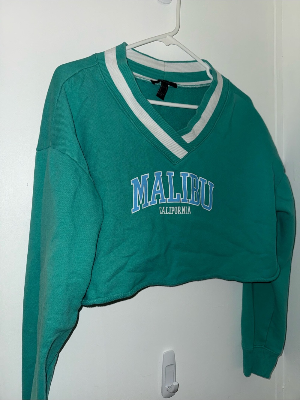 forever 21 green and white malibu long sleeve crop top pullover